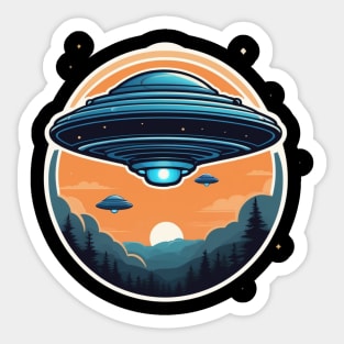 Blue flying saucer on sunset landscape with trees Sticker